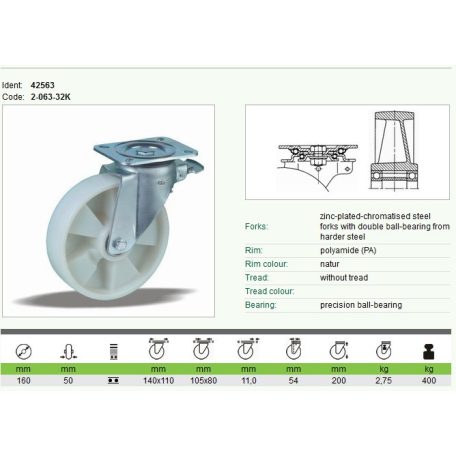 Kerék önbeálló 400kg PA fehér fékes 160 42563
