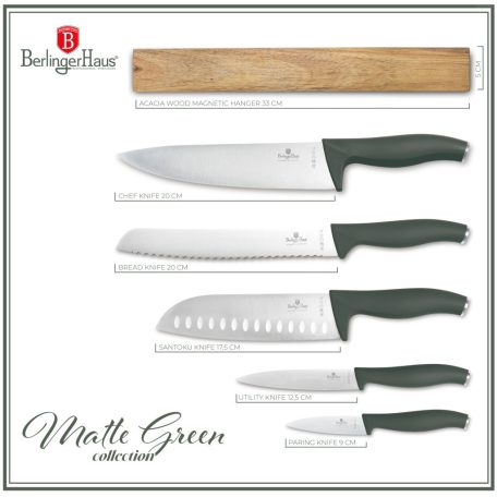 Berlinger Haus Matte Green Collection 6 részes késkészlet akácfa mágneses akasztóval  BH-2978 